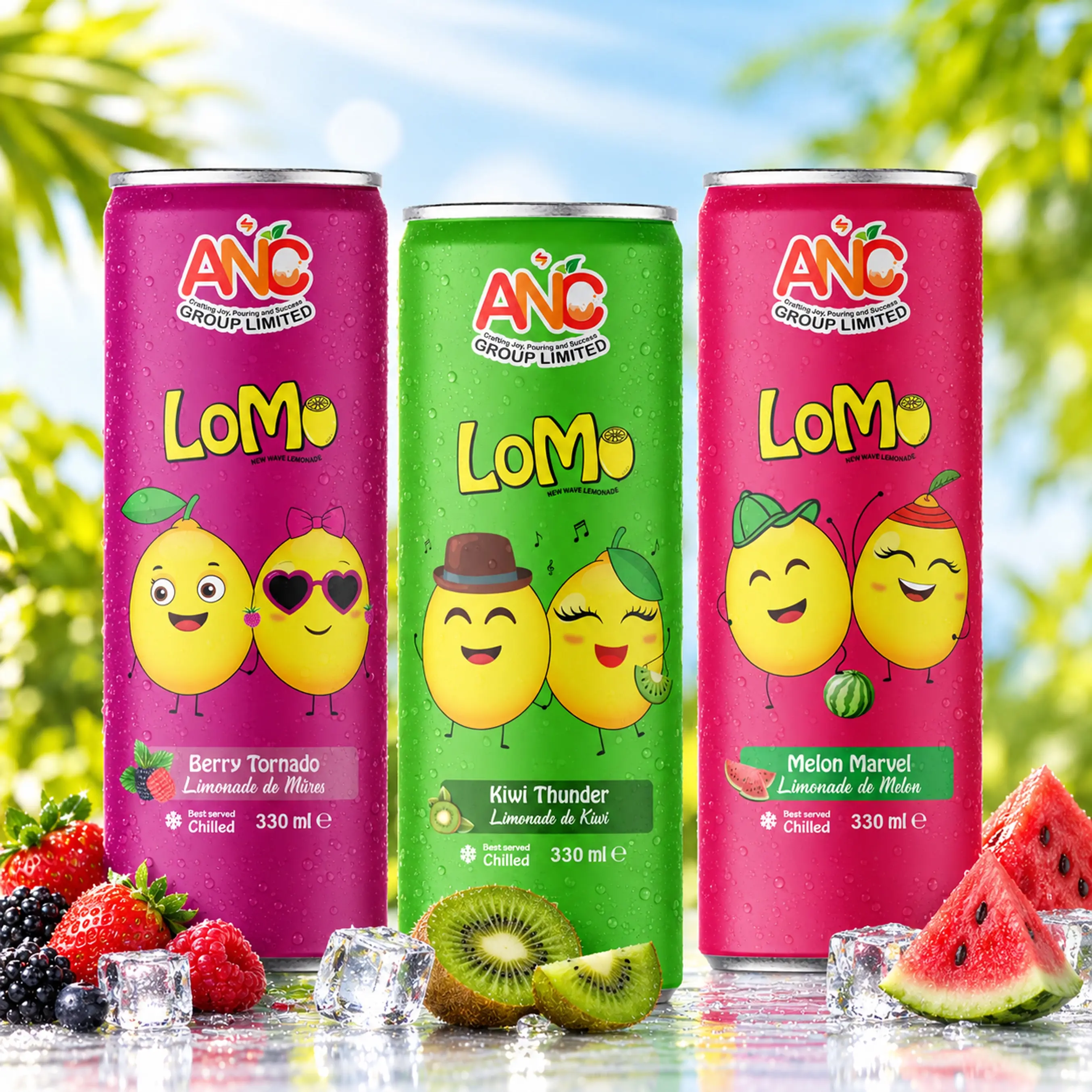 LoMo 330 mL cans featuring Strawberry Passion, Melon Marvel, Tropical Splash, Exotic Chill, and Berry Tornado flavours with fresh fruit and ice.